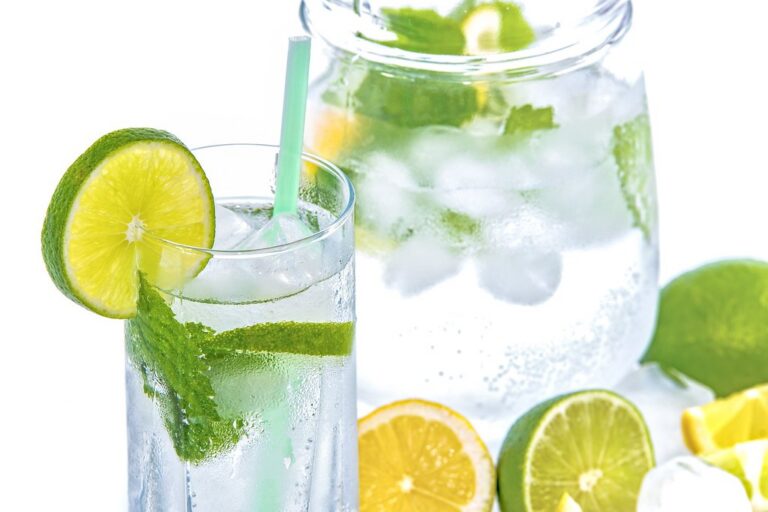 Glass of sparkling water with lime slices and fresh mint beside a water jug