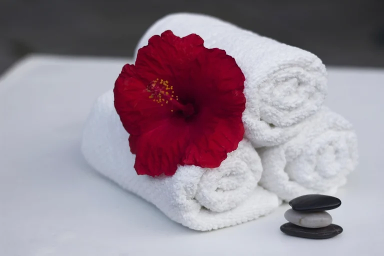 Rolled white towels with a red flower and smooth stones on a bright table